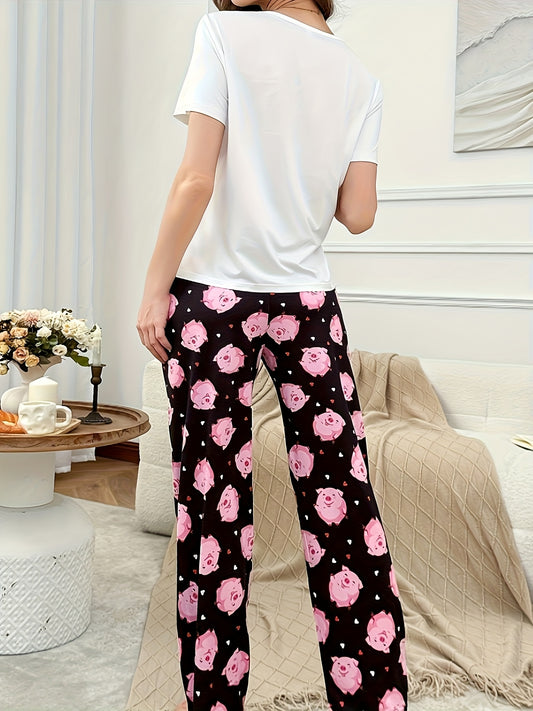 2pcs Women's Cute Pig Casual T-shirt Set, Loose Sleepwear