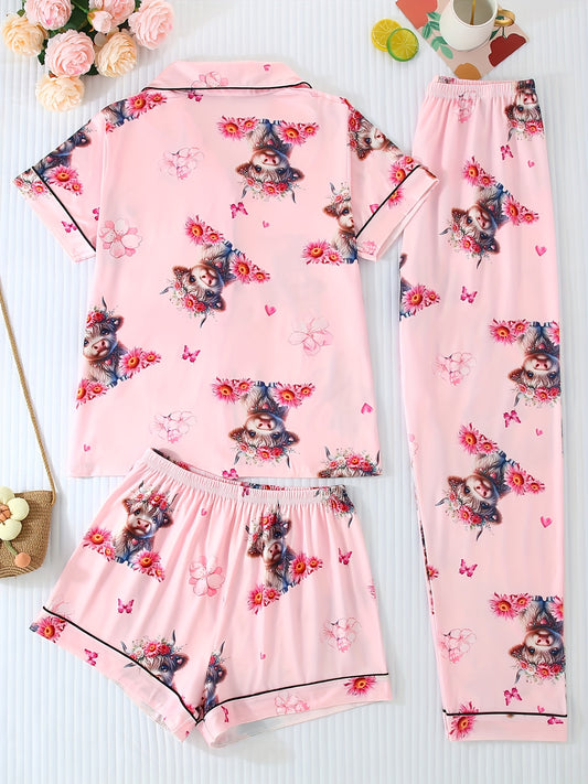 A Set of Three Pink Floral Print Pajamas for Women, Featuring a Comfortable Long-Sleeve Button-Up Shirt And Loose Elastic Shorts And Pants, Perfect for Casual Outdoor Wear And Home Lounging in All Seasons.