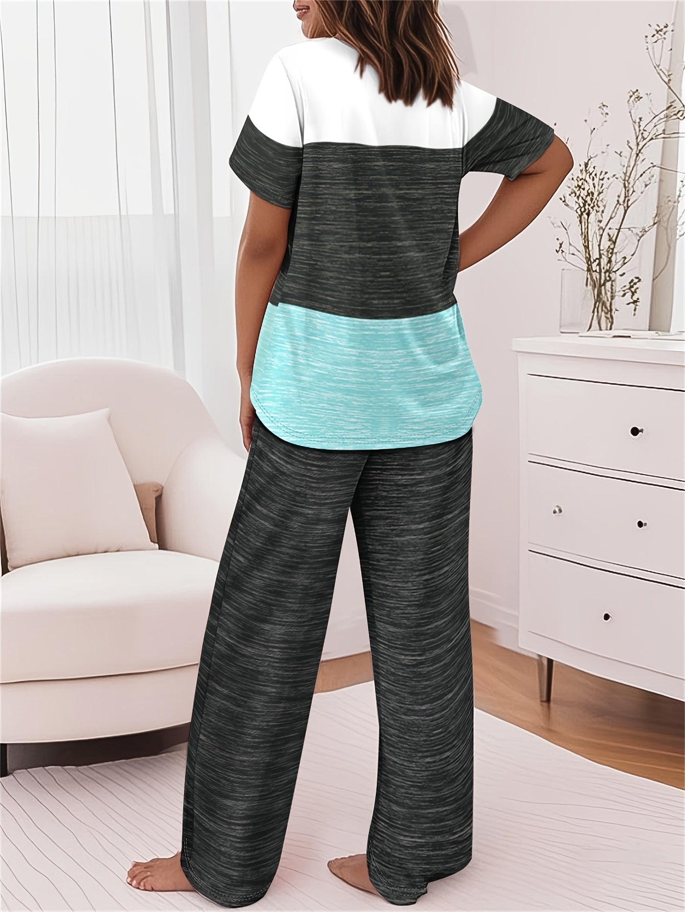 [Printed Pajama Outfit] 2pcs Printed Short Sleeve Top and Casual Long Set Pajama Outfit
