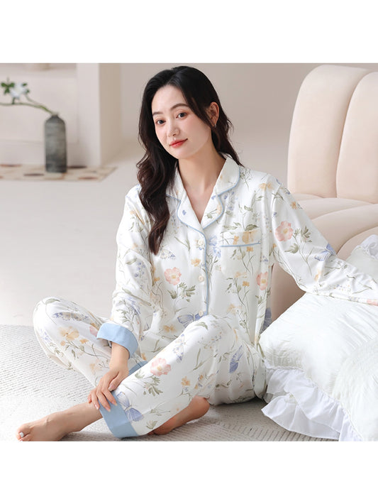 Women'S Floral Print Long Sleeve Pajama Set - Soft Button-Up Shirt & Pants, Light Blue & White Floral Design, Comfortable Casual Wear for Spring/Summer/Fall, Perfect for Home or Outdoor, Pajamas for Women, Seasonal Loungewear, Relaxed Fit Pants, Durable