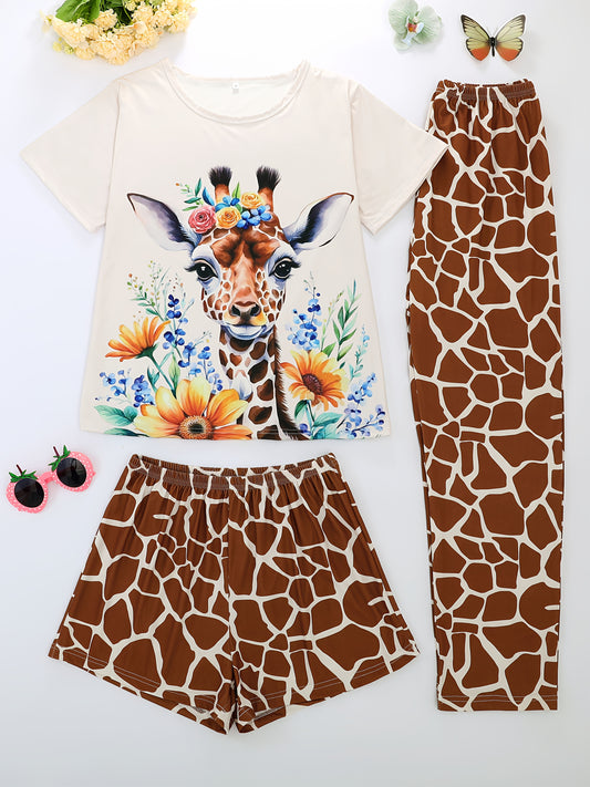 Round Neck Women'S Pajama Set, Pullover Short Sleeve Top and Loose Elastic Shorts and Pants, Comfortable Fabric, Suitable for All Seasons, Casual Adult Women'S Sleepwear Outfit with Floral Giraffe Print