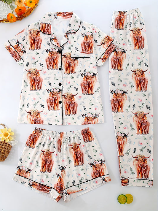 Women's Pajama Set, Cute Cartoon Animal Cow Pattern Design, Casual Lapel Top with Elastic Waist Shorts and Long Pants, Summer Cool Four Seasons Wearable, Buttoned and Pocket Details, Comfort Fabric, Adult Sleepwear Home Outfit