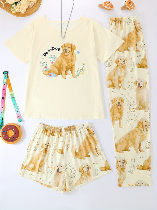 Three-piece pajama set, round-neck short-sleeve pullover and loose elastic shorts with extended length, Golden retriever print design, cool for summer wear, casual four-season Women's sleepwear and loungewear outfit