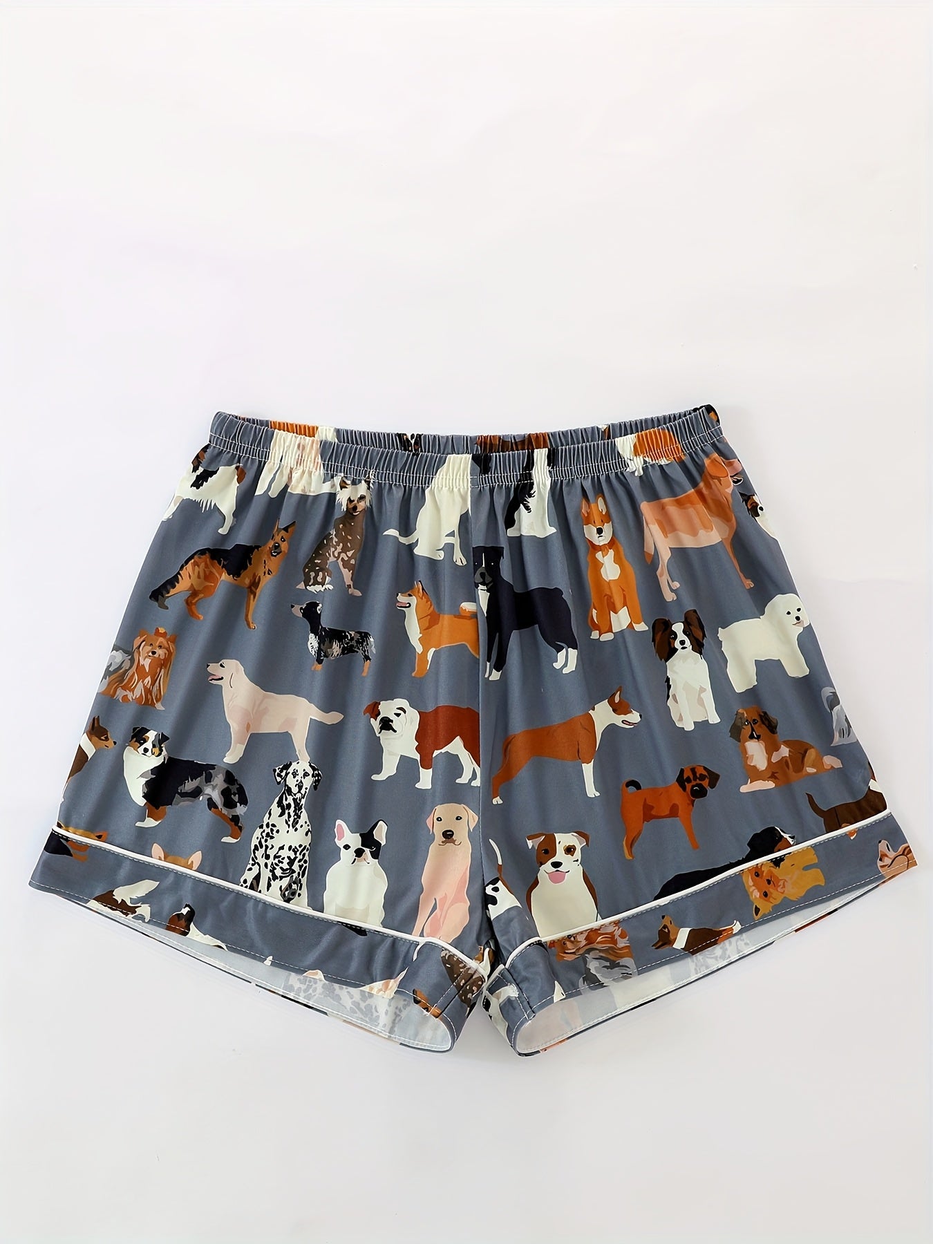 Women'S Pajama Set with Cartoon Dog Animal Print, Dark Gray Short Sleeve Shirt with Pocket & Elastic Waist Shorts, Casual Comfortable Loungewear for All Season