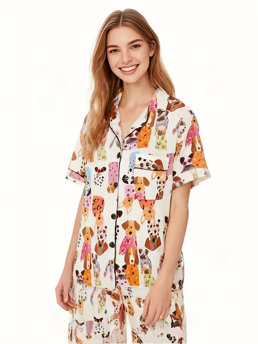 3pcs Women's Pajama Set, Animal Print Button Cardigan, Short-sleeved Stretch Shorts And Long Pants, Loose And Elastic Spring And Autumn Casual Daily Home Wear, Soft Fabric