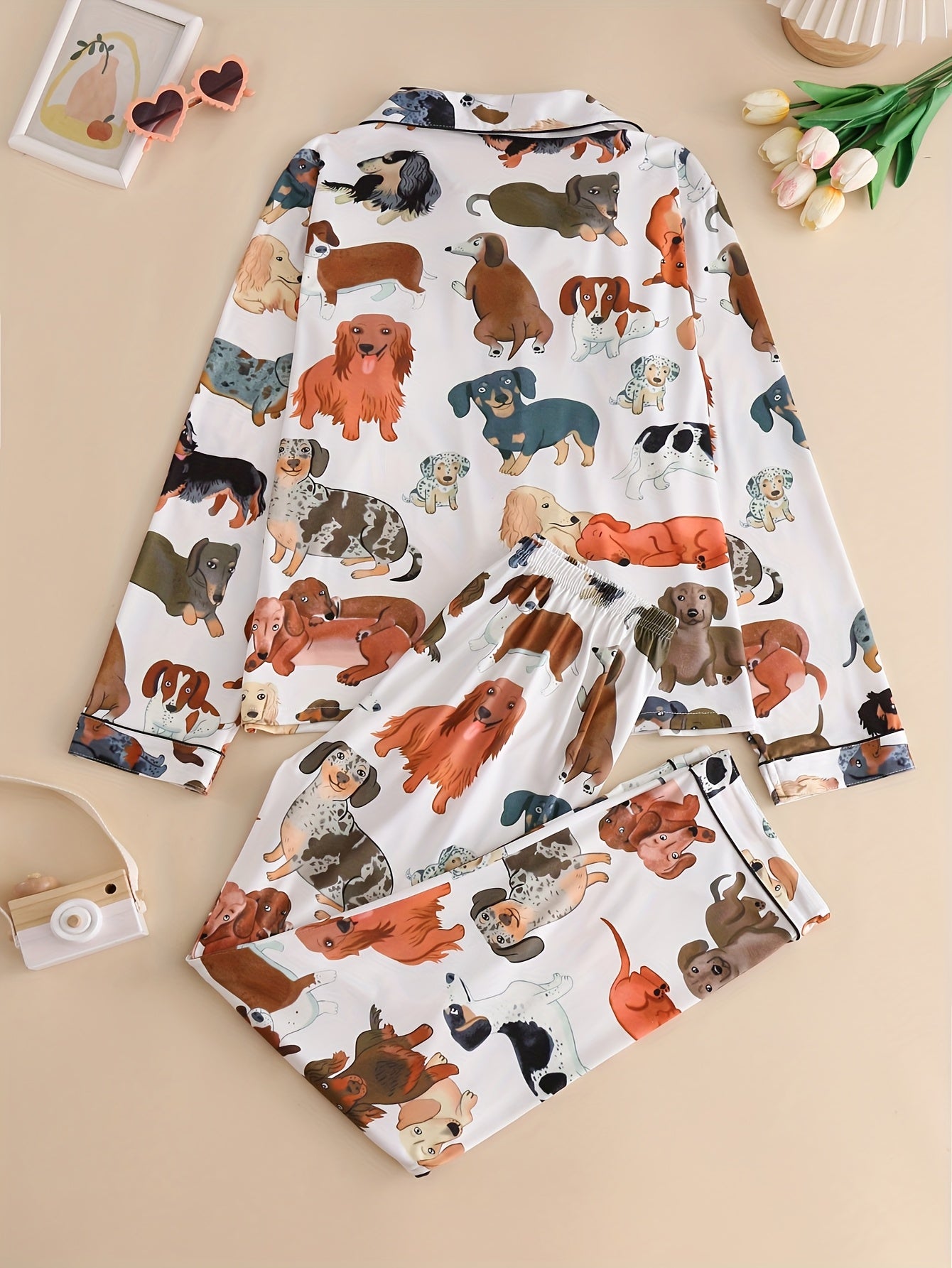 2pcs animal print Women's pajamas, with a long-sleeved top with a turned-up collar and buttons and comfortable trousers, elegant Women's pajamas suitable for all seasons