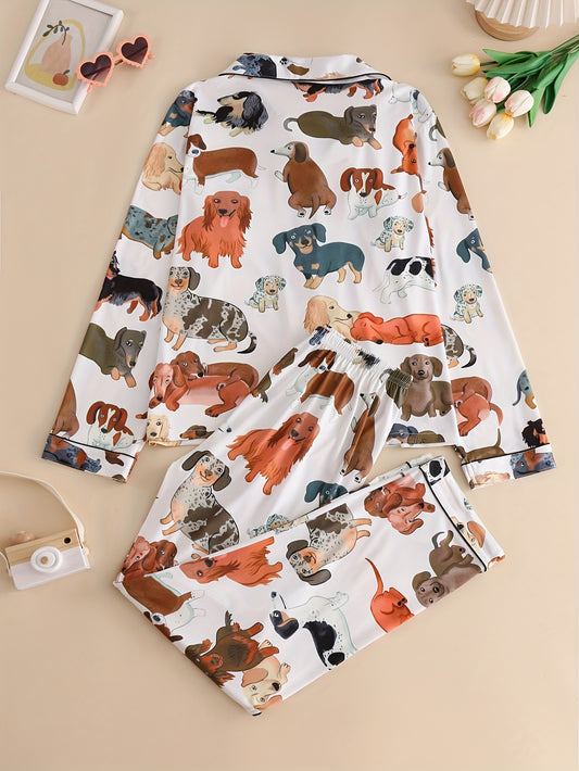 2pcs animal print Women's pajamas, with a long-sleeved top with a turned-up collar and buttons and comfortable trousers, elegant Women's pajamas suitable for all seasons