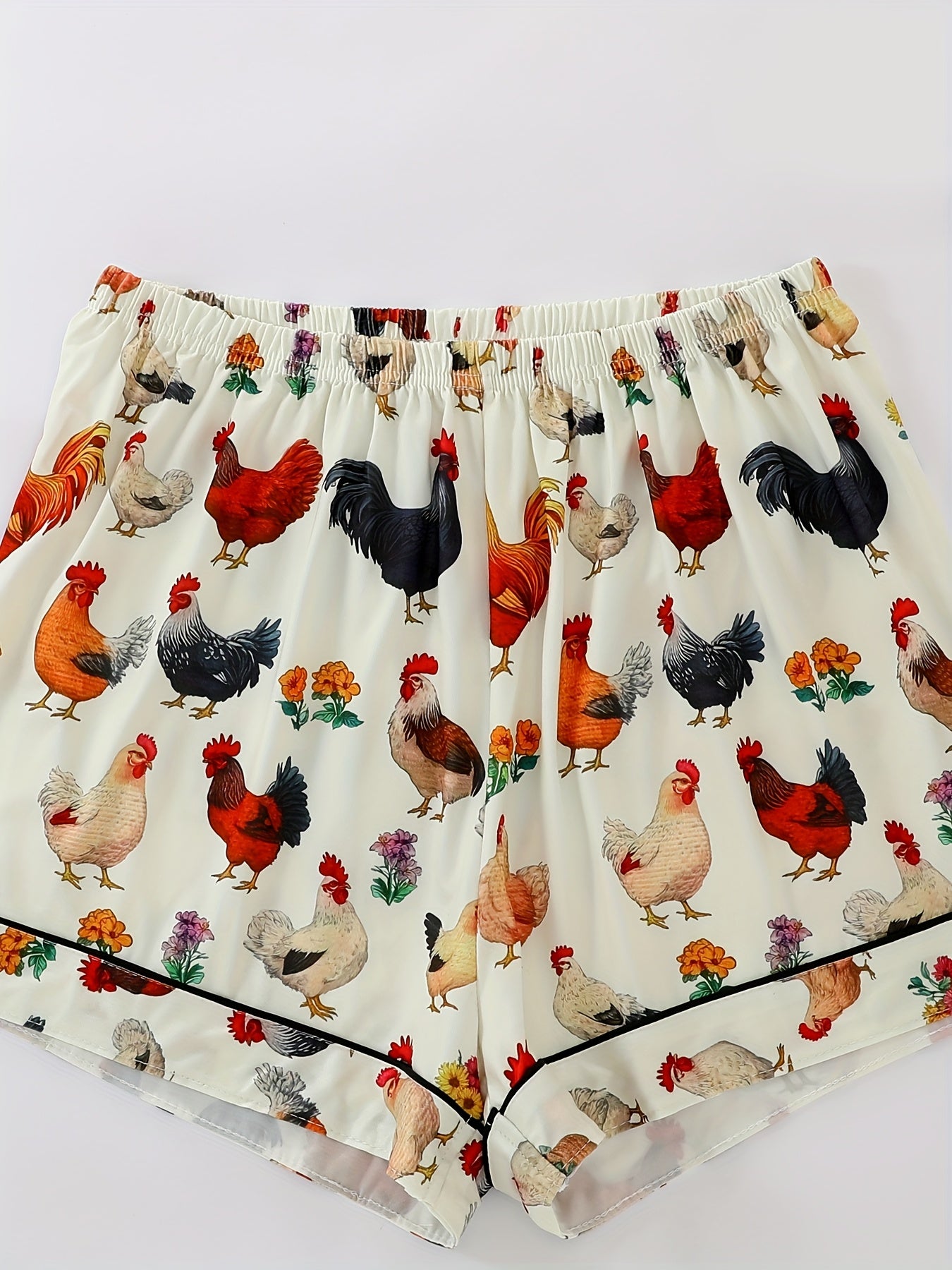 Women'S Pajama Set Two-Piece, Featuring a Charming Garden Style Chicken Print, Comfortable Outdoor And Home Wear with a Collared Button, a Comfortable Short-Sleeve Top, And Loose Elastic Shorts, Suitable for Summer, Suitable for All Seasons.