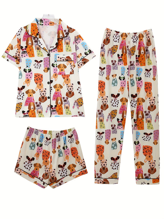 3pcs Women's Pajama Set, Animal Print Button Cardigan, Short-sleeved Stretch Shorts And Long Pants, Loose And Elastic Spring And Autumn Casual Daily Home Wear, Soft Fabric
