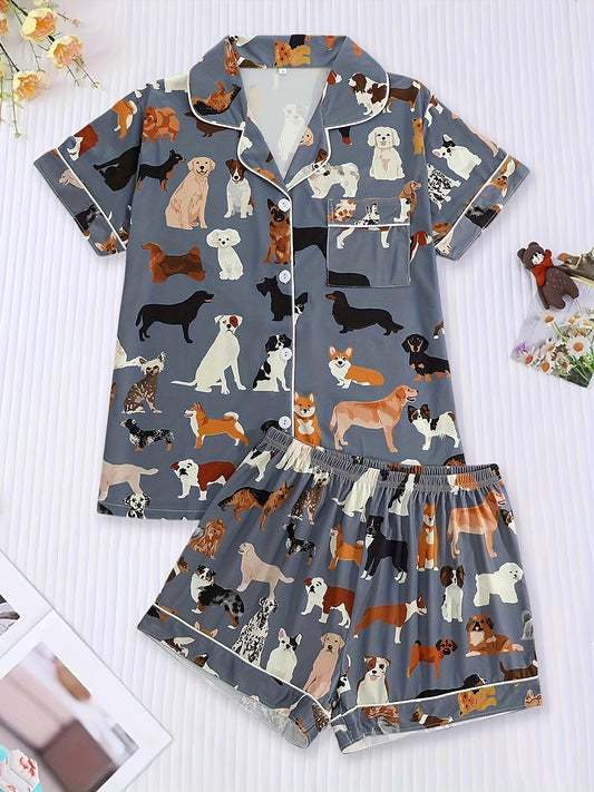 Women'S Pajama Set with Cartoon Dog Animal Print, Dark Gray Short Sleeve Shirt with Pocket & Elastic Waist Shorts, Casual Comfortable Loungewear for All Season