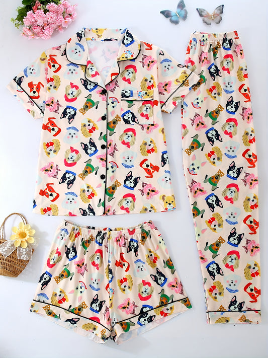 Women'S Pajama Set, Three Pieces, Cute Cartoon Animal Cute Puppy Pattern Design, Casual Turnover Collar Top with Drawstring Waist Shorts and Trousers Summer Four Seasons Wear Coolly, Button Pocket Details Comfortable Knit Fabric Adult Home Wear