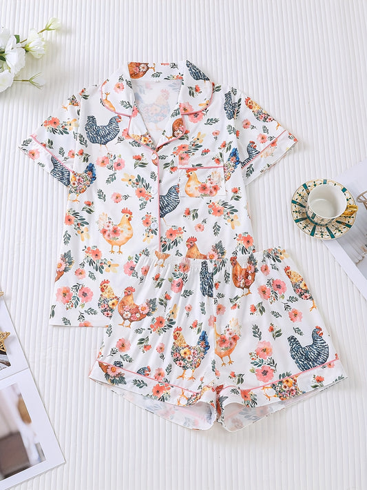 Two-piece Women'S Elegant Polyester White Pajama Set, Chicken Print, Fabric, All-season Comfort, Short-sleeved Button- Top With Collar And Matching Shorts, All-over Print And Pocket Details, Perfect For Adults Pajama Sets