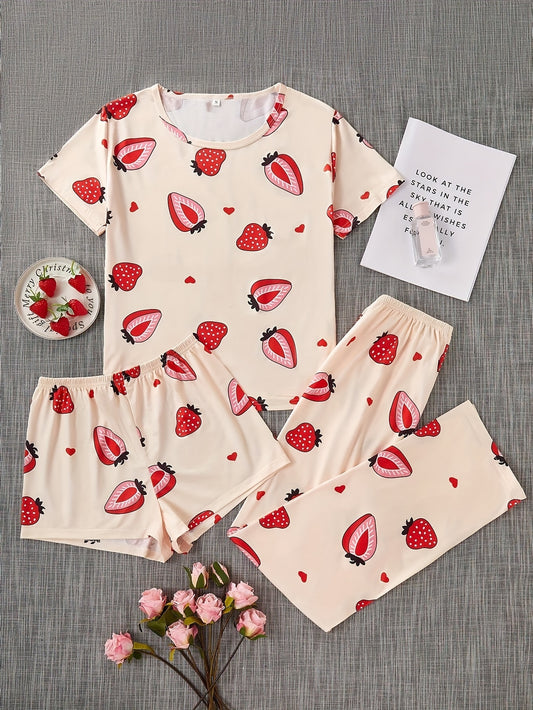 Ladies' three-piece strawberry-patterned pajamas set