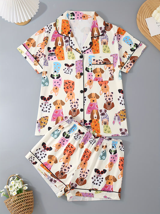 Summer Cool Short Sleeve 2pcs Set, Women's Pajama Set with Shorts and Collared Button-Up Shirt, Comfortable Loose Fit Cartoon Colorful Dog Pattern for All Seasons Wear at Home