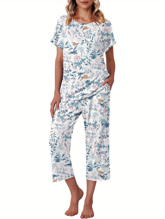 2pcs Women's Floral Print Pajama Set - Soft Breathable Pajamas with Round Neck Short Sleeve Nightgown & Loose Capri Pants, Elastic Waist & Leg Opening, Machine Washable Spring Summer Fall Sleepwear, Casual Lounge Set in Blue Pink Green White Brown Beige,