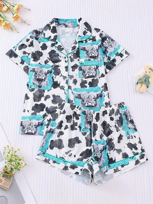Two Piece Women's White Pajama Set, Cow Print, Fabric, Comfortable for All Seasons, Short Sleeved Button Top, Collar And Matching Shorts, with Full Body Print And Pocket Details, Suitable for Adult Pajama Set