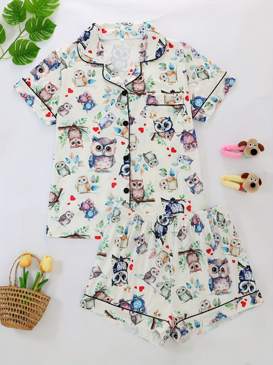 Two-Piece Pajama Set with Collared Short Sleeve Open Front Shirt and Loose Elastic Shorts, Owl Bird Print Pattern, Summer Cool Wearable Casual Four Seasons Women'S Sleepwear and Loungewear Outfit, Polyester Fabric