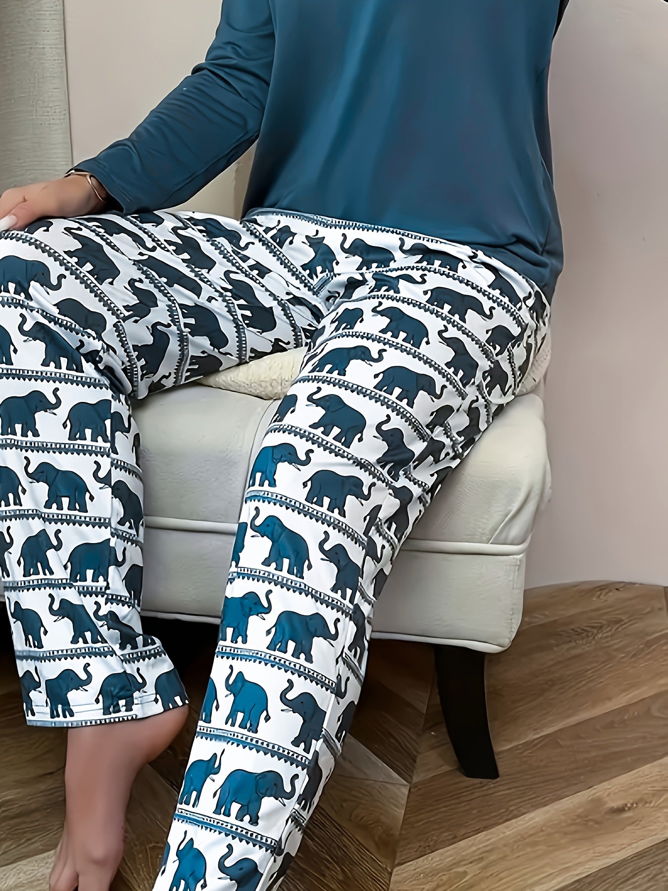 Women'S Casual Elephant Print Long Sleeve Pajama Set - Soft Breathable Fabric, Loose Fit Lounge Wear, Machine Washable, Spring & Autumn Comfort, Relaxed Fit Pajamas|Elephant Print Pajamas|Breathable Fabric, Elephant Print Pajamas