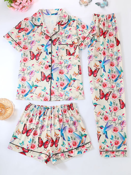 Women's Pajama Set, a Three-Piece Ensemble Featuring Cute Cartoon Animal Designs with Butterflies And Birds, Includes a Casual Collared Top, Drawstring Waist Shorts, And Long Pants Suitable for Summer And All Seasons, Made from Comfortable Fabric with