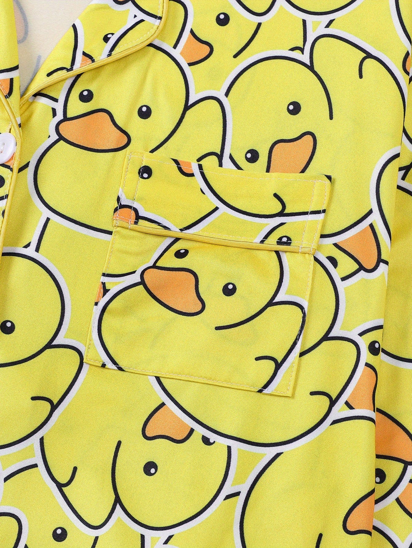 Two Piece Cardigan Long Sleeved Paired with Long Pants Pajama Set, Featuring A Small Yellow Duck Print, Suitable for All Seasons As A Home Outfit, with A Lapel Collar for Women