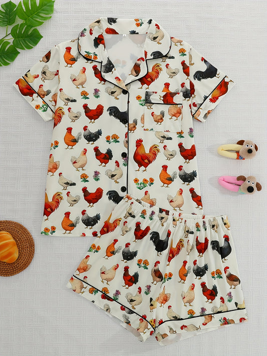Women'S Pajama Set Two-Piece, Featuring a Charming Garden Style Chicken Print, Comfortable Outdoor And Home Wear with a Collared Button, a Comfortable Short-Sleeve Top, And Loose Elastic Shorts, Suitable for Summer, Suitable for All Seasons.