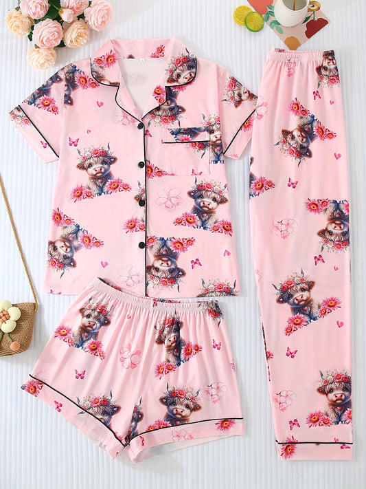 A Set of Three Pink Floral Print Pajamas for Women, Featuring a Comfortable Long-Sleeve Button-Up Shirt And Loose Elastic Shorts And Pants, Perfect for Casual Outdoor Wear And Home Lounging in All Seasons.
