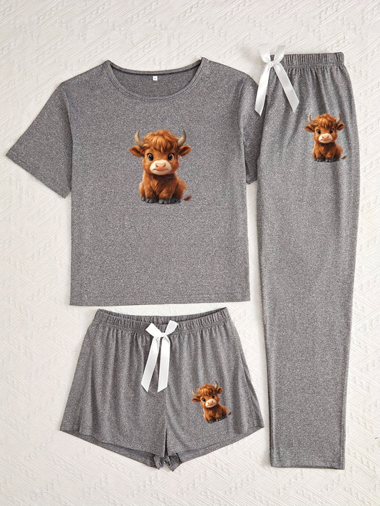 Women's Cute Cow Print Pajama Set Three-Piece