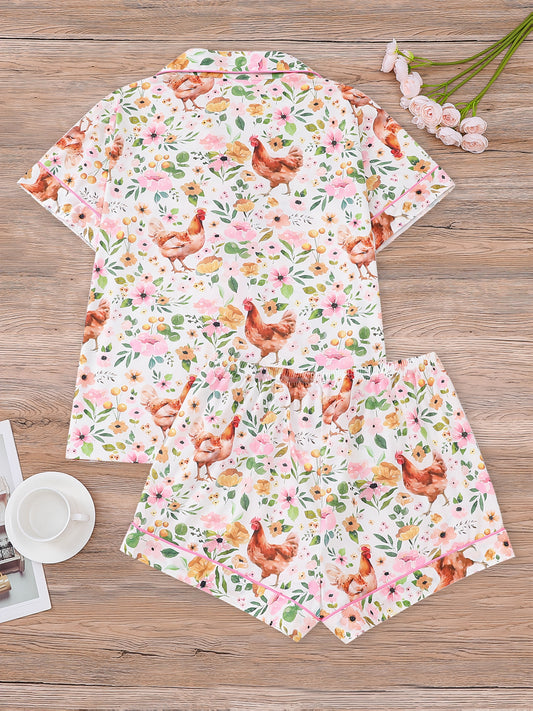 2pcs Colorful Country Style Rooster Print Women'S Pajama Set, Short Sleeve Shirt with Collar Button Soft Top and Loose Elastic Shorts, Beautiful and Fashionable Daily Wear, Holiday Pajama Party Costume, Casual Outdoor Home Comfortable Women'S Pajamas and