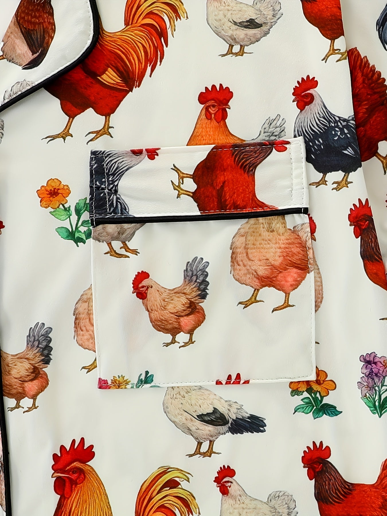 Women'S Pajama Set Two-Piece, Featuring a Charming Garden Style Chicken Print, Comfortable Outdoor And Home Wear with a Collared Button, a Comfortable Short-Sleeve Top, And Loose Elastic Shorts, Suitable for Summer, Suitable for All Seasons.