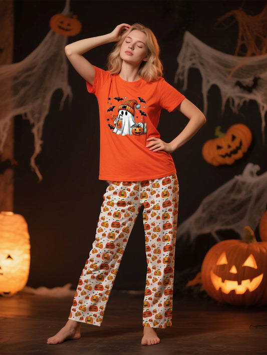 Halloween Themed Pajama Set Orange and Pumpkin Print for Festive Nights
