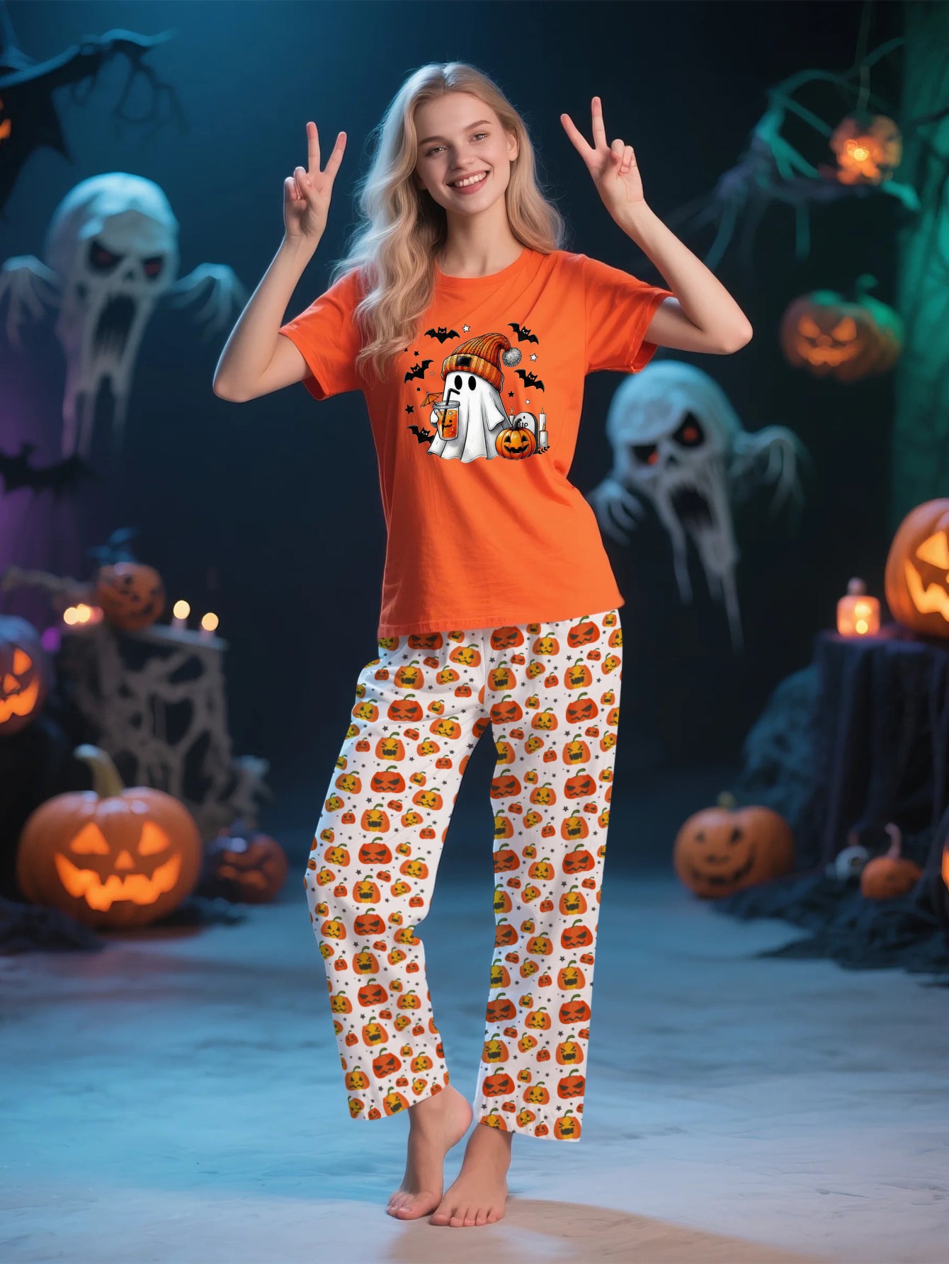 Halloween Themed Pajama Set Orange and Pumpkin Print for Festive Nights