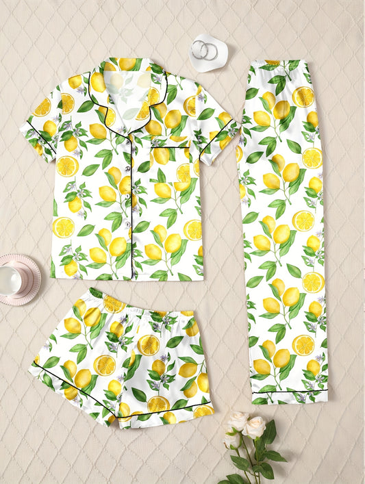 Women'S Casual Lemon Print Pajama Set - Short Sleeve, Shorts, and Pants with Vibrant Citrus Pattern, Perfect for Fall/Winter, Loungewear|Playful Print|Comfortable Fit, Lemon Kitchen Wear