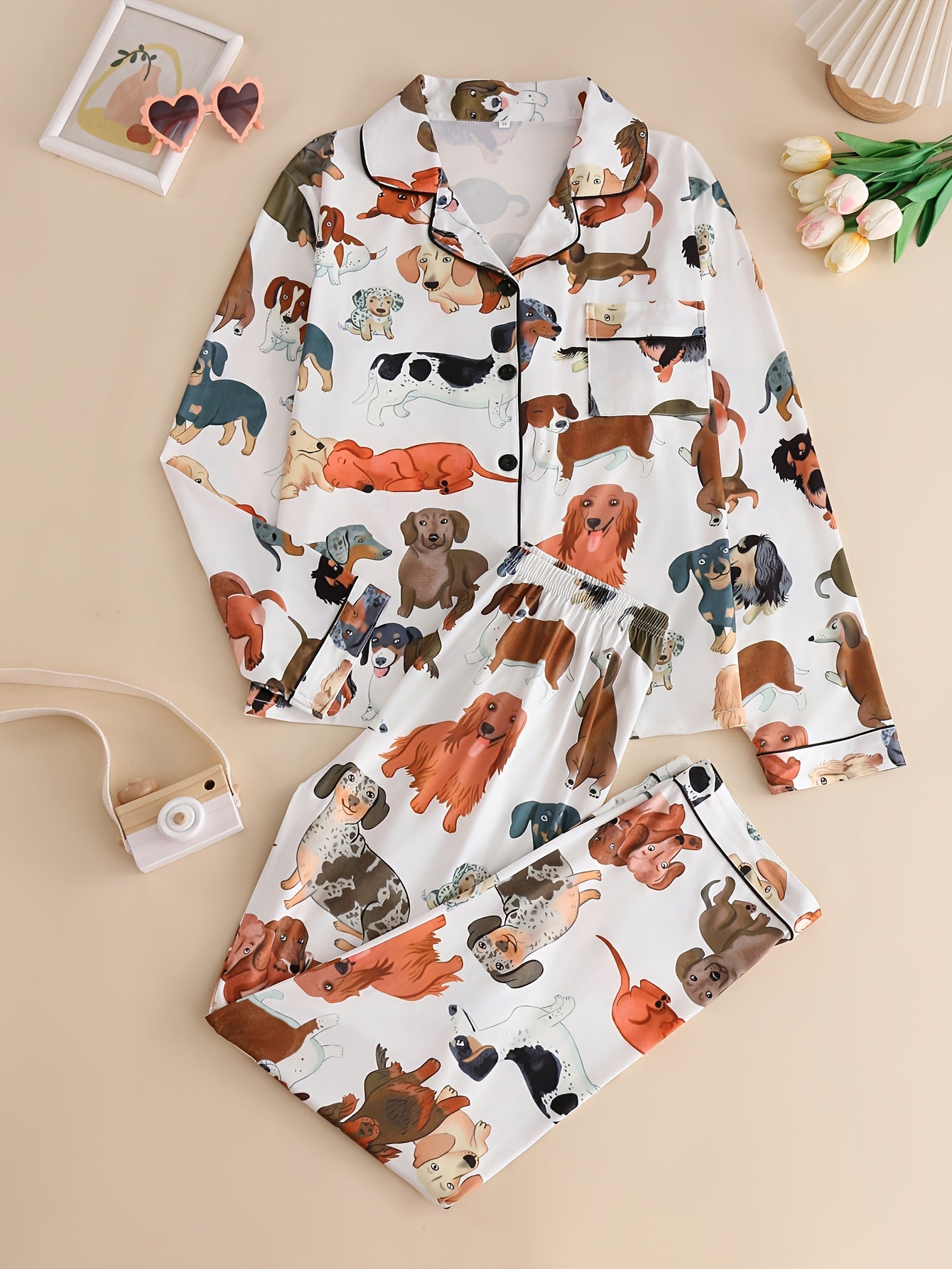 2pcs animal print Women's pajamas, with a long-sleeved top with a turned-up collar and buttons and comfortable trousers, elegant Women's pajamas suitable for all seasons